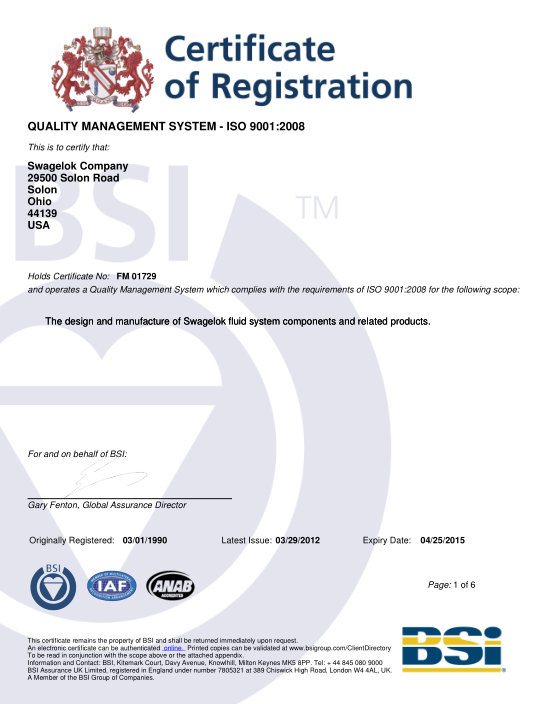 ISO 9001 Swagelok Company