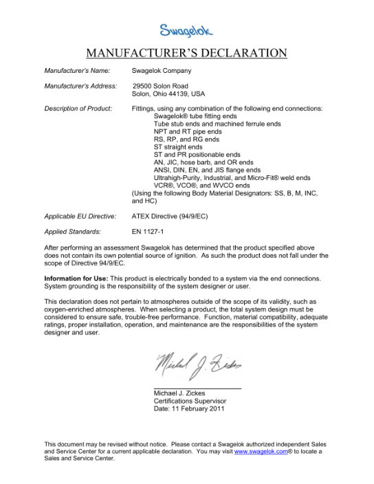 ATEX Manufacturers Declaration