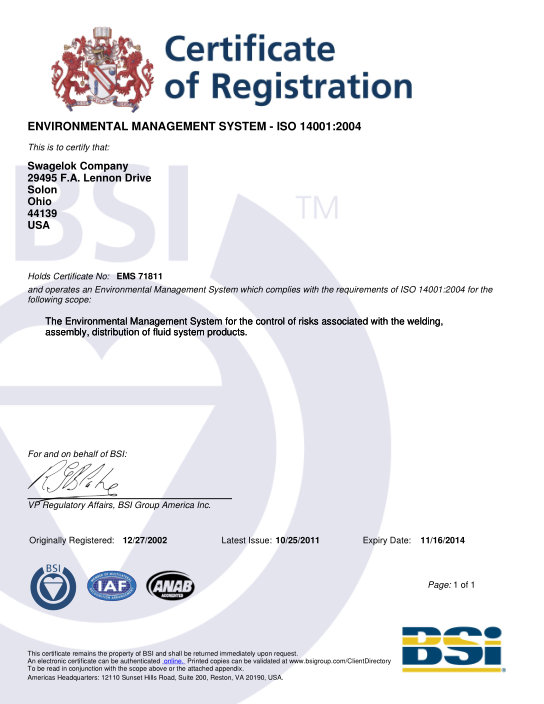 ISO14001 Swagelok Company